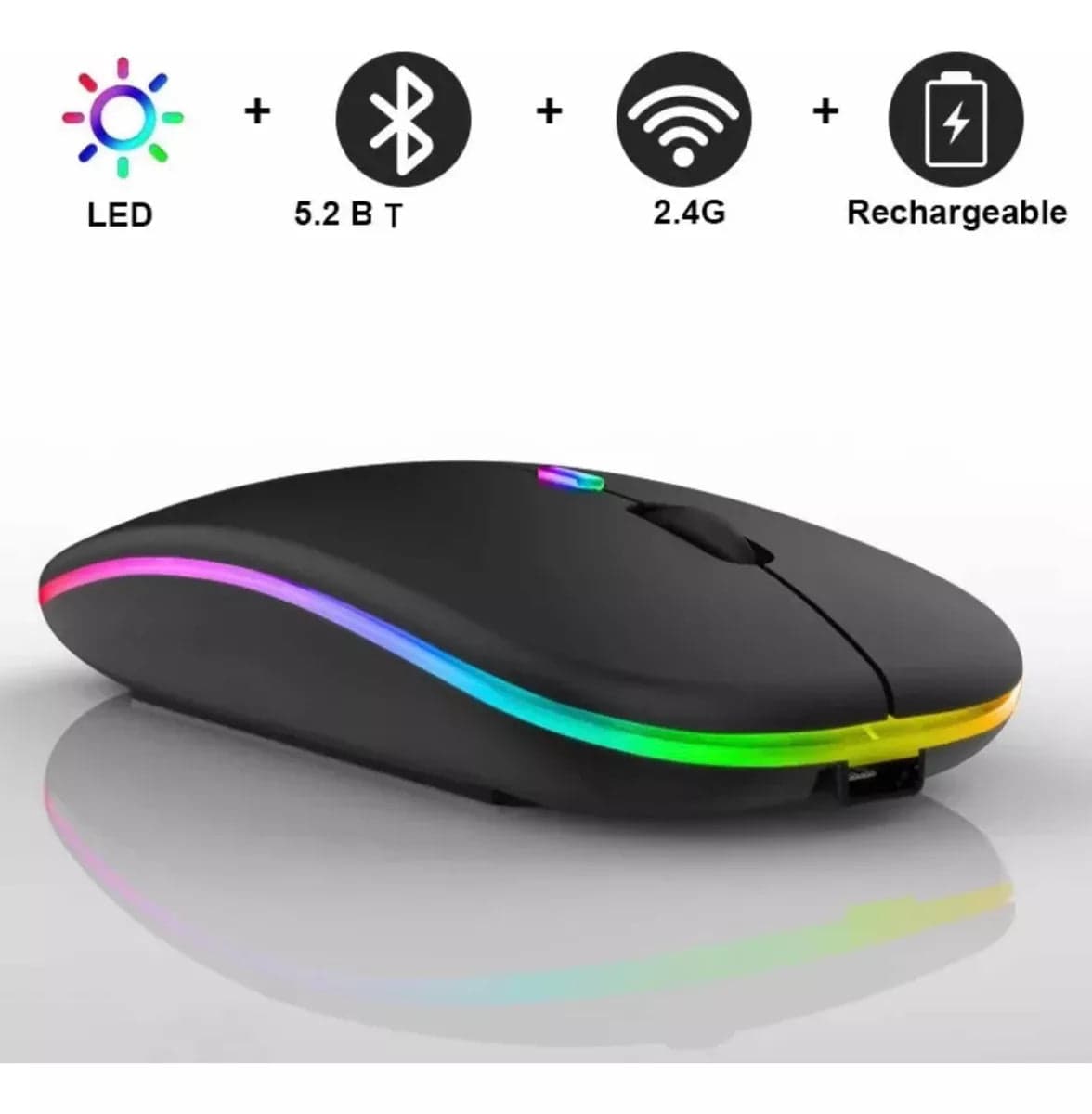 Mouse Recarregável Wireless Bluetooth Led Rgb 2.4ghz 1600 DPI 10 metros Computador Notebook Mac Windows LED 2