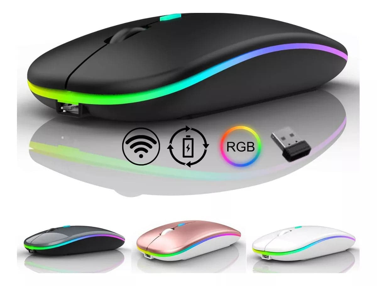 Mouse Recarregável Wireless Bluetooth Led Rgb 2.4ghz 1600 DPI 10 metros Computador Notebook Mac Windows LED 3
