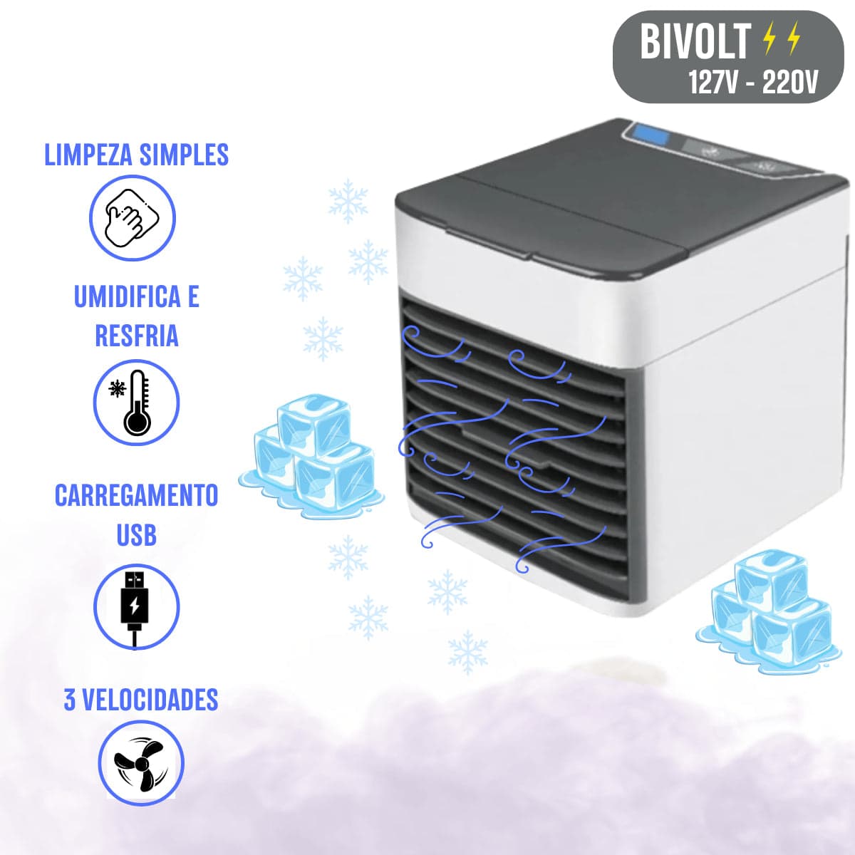 Mini Ar Condicionado Portátil 3 Velocidades USB Bivolt