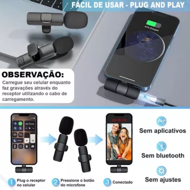 LAPELA TIPO C - Microfone Lapela Celular Sem Fio Duplo - Preto BM-221 4